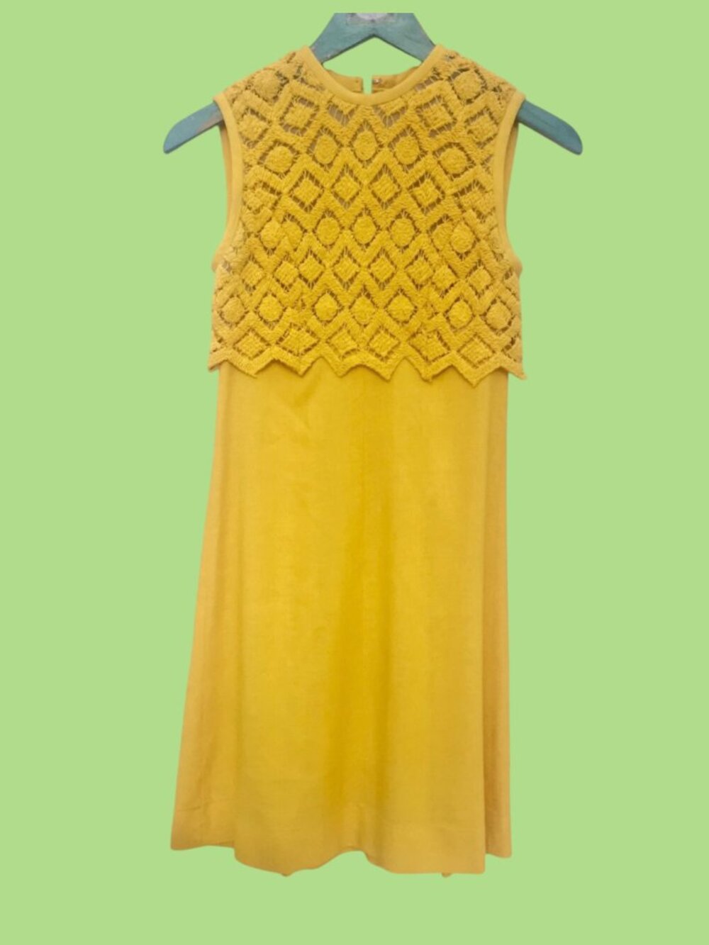 Vintage 1960s Mustard Yellow Crochet Overlay Mod A-Line Mini Dress XS